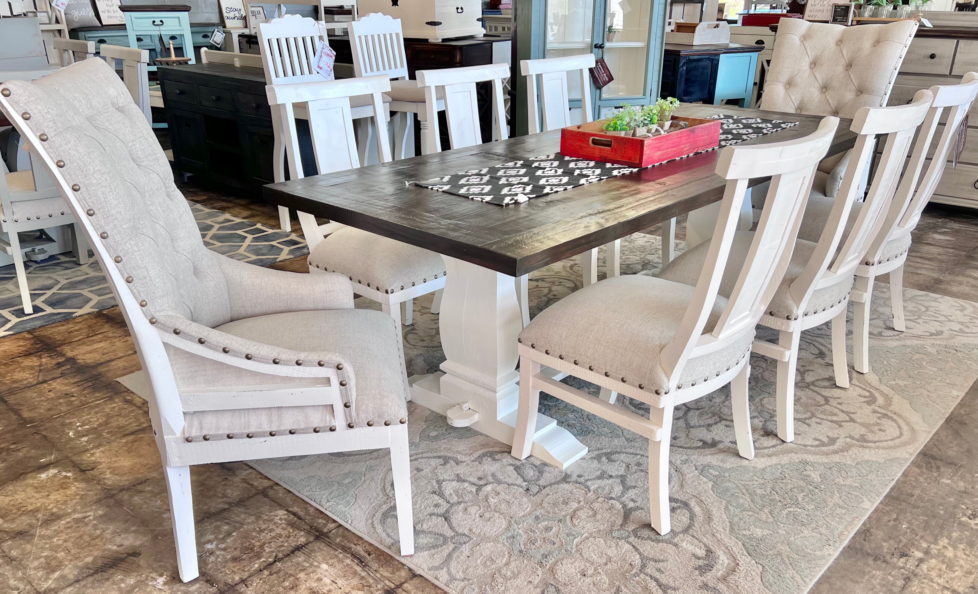 9-Piece Table Set a Linen White Table Top & 8 Linen Fabric Chairs