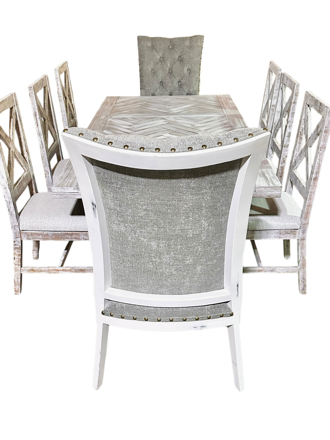 Amelia Herringbone White Washed Dining Table Set