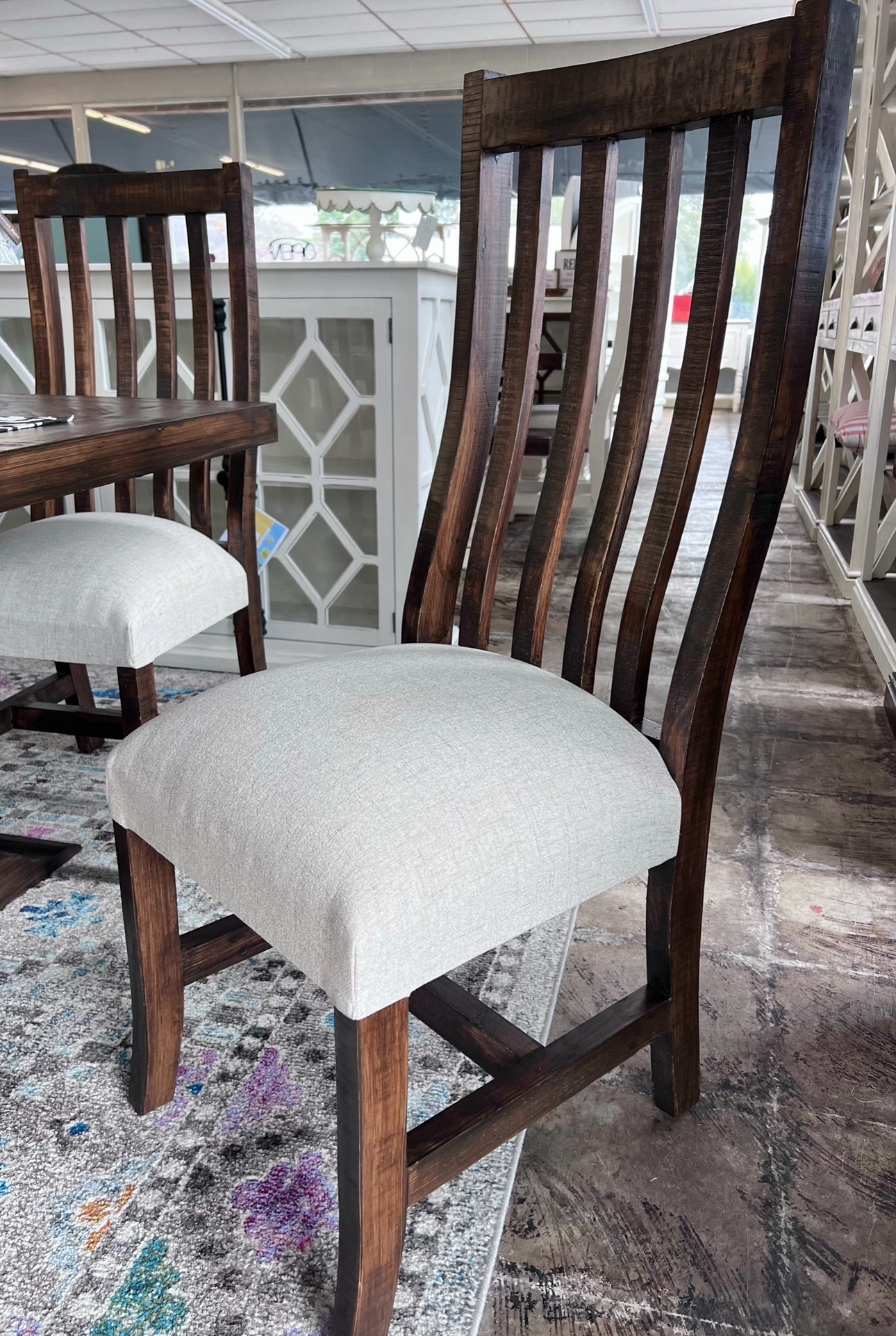 Slat Back Tobacco Brown & linen Chair
