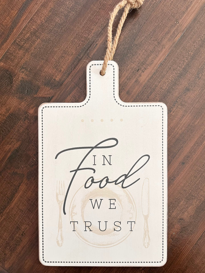 “In Food We Trust” wood cutting board