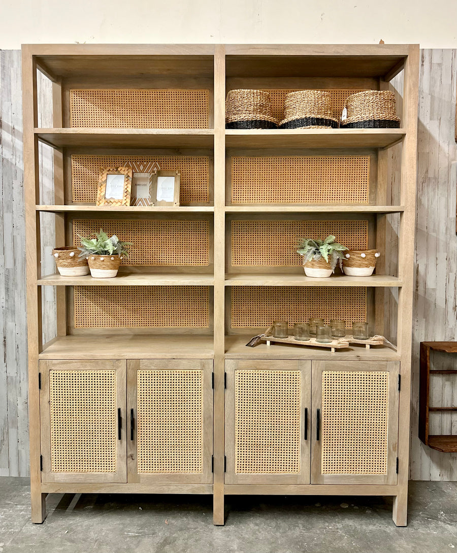 Mango Wood bookshelf with cane shelves and cabinets 