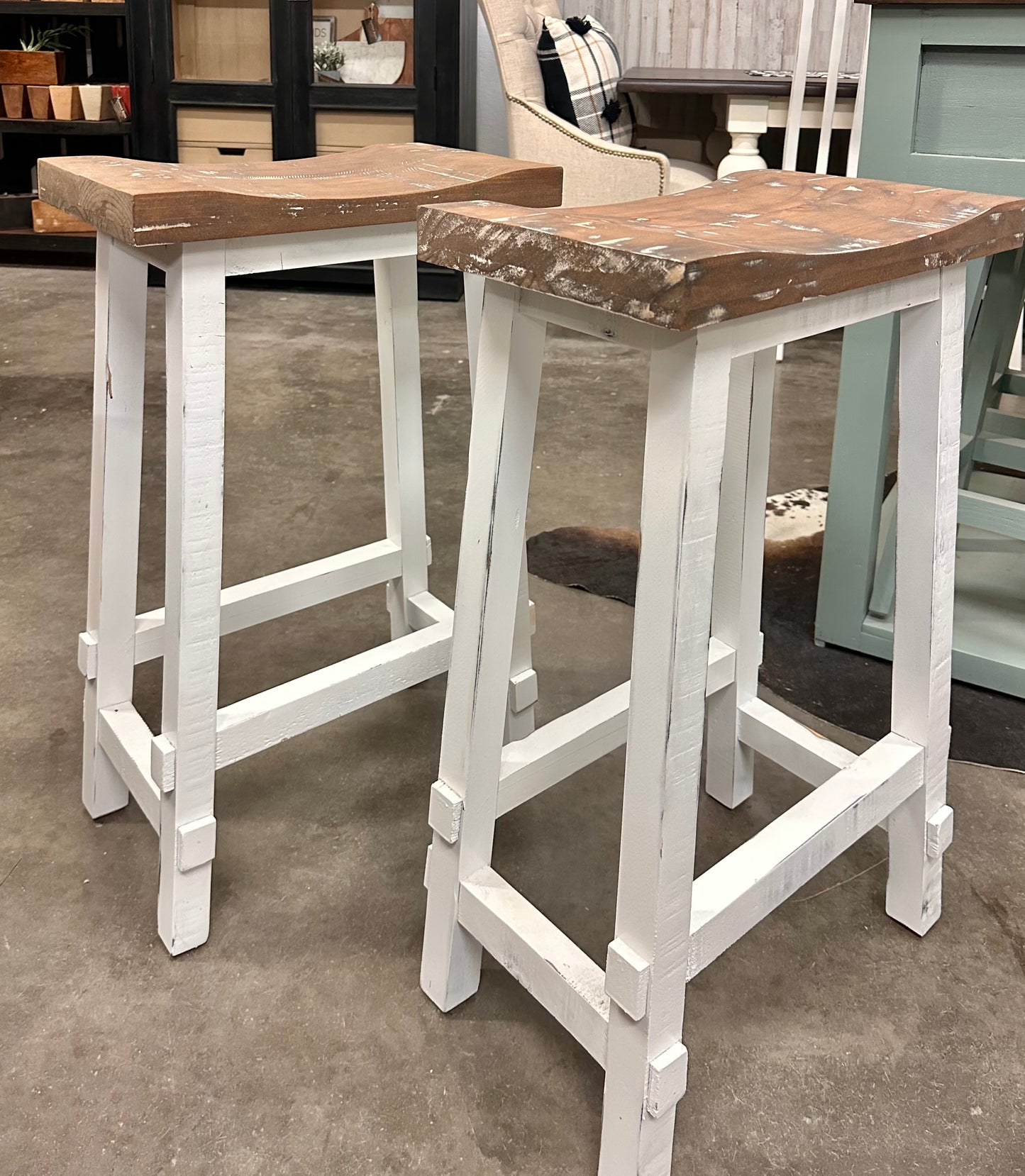 White & Reclaimed Saddle Barstool