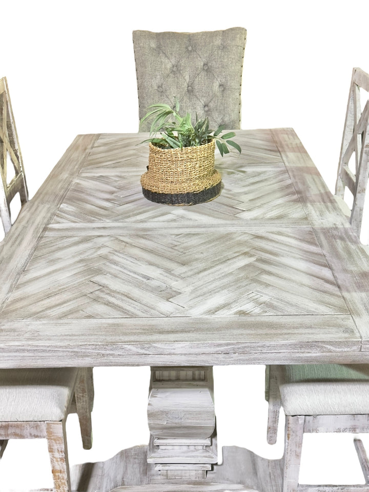 Amelia Herringbone White Washed Dining Table Set