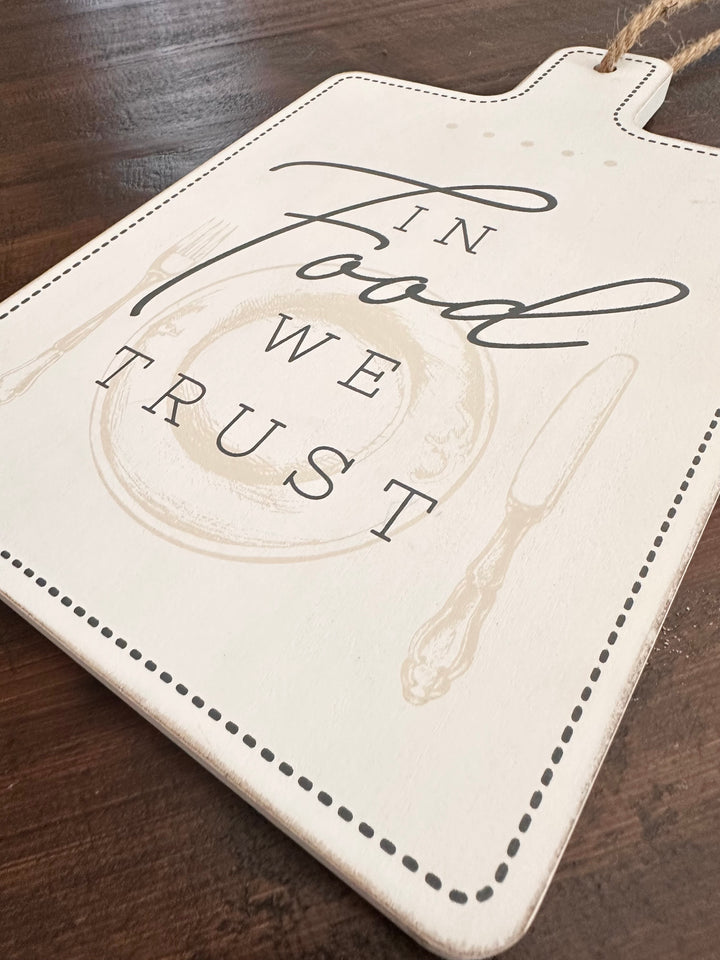 “In Food We Trust” wood cutting board