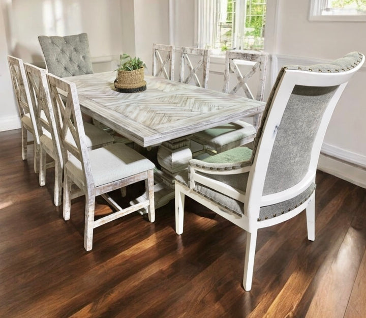 Amelia Herringbone White Washed Dining Table Set