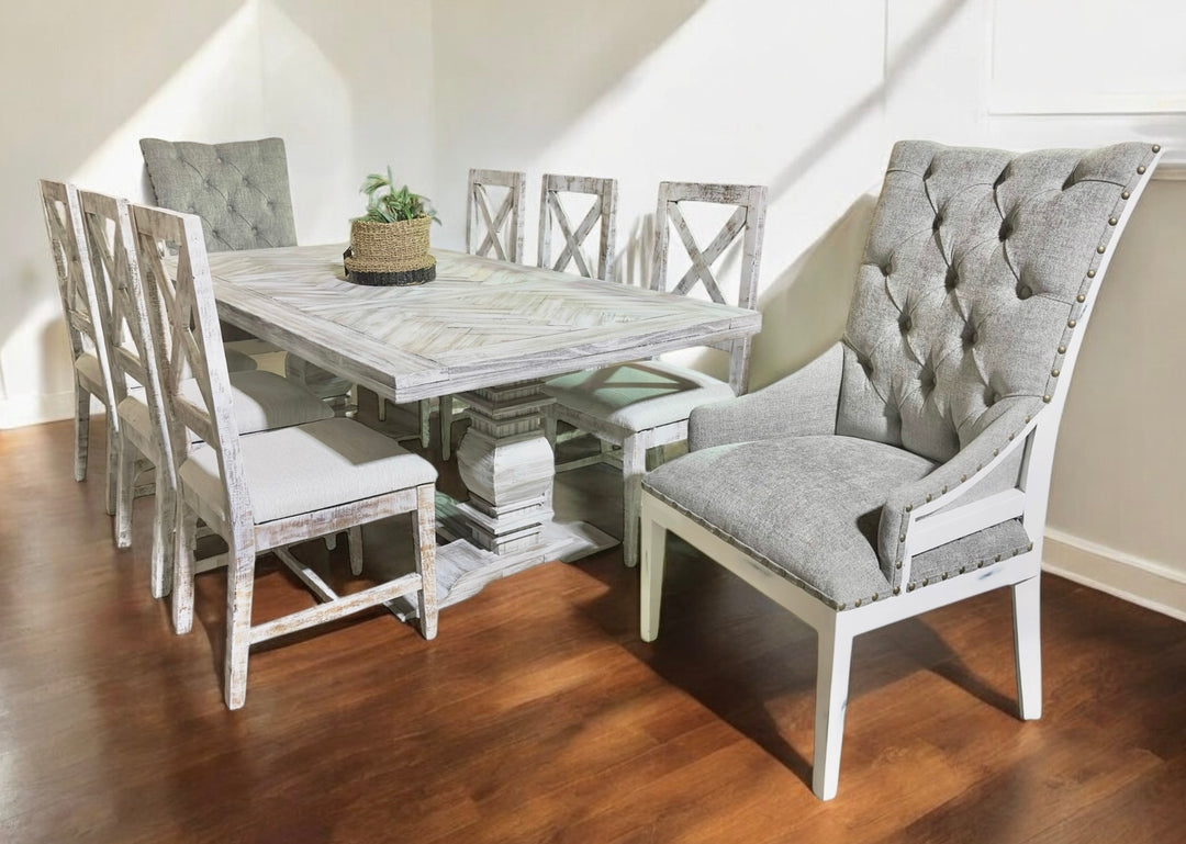 Amelia Herringbone White Washed Dining Table Set