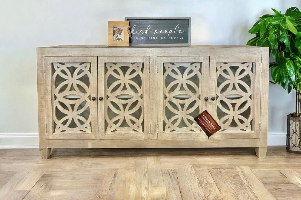 Olivia Glass Front Weathered Wood Cabinet