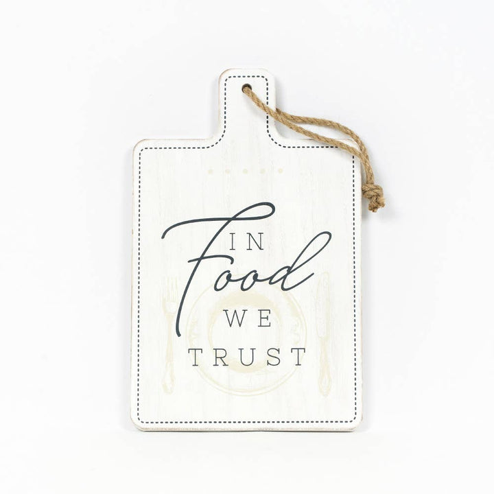 “In Food We Trust” wood cutting board