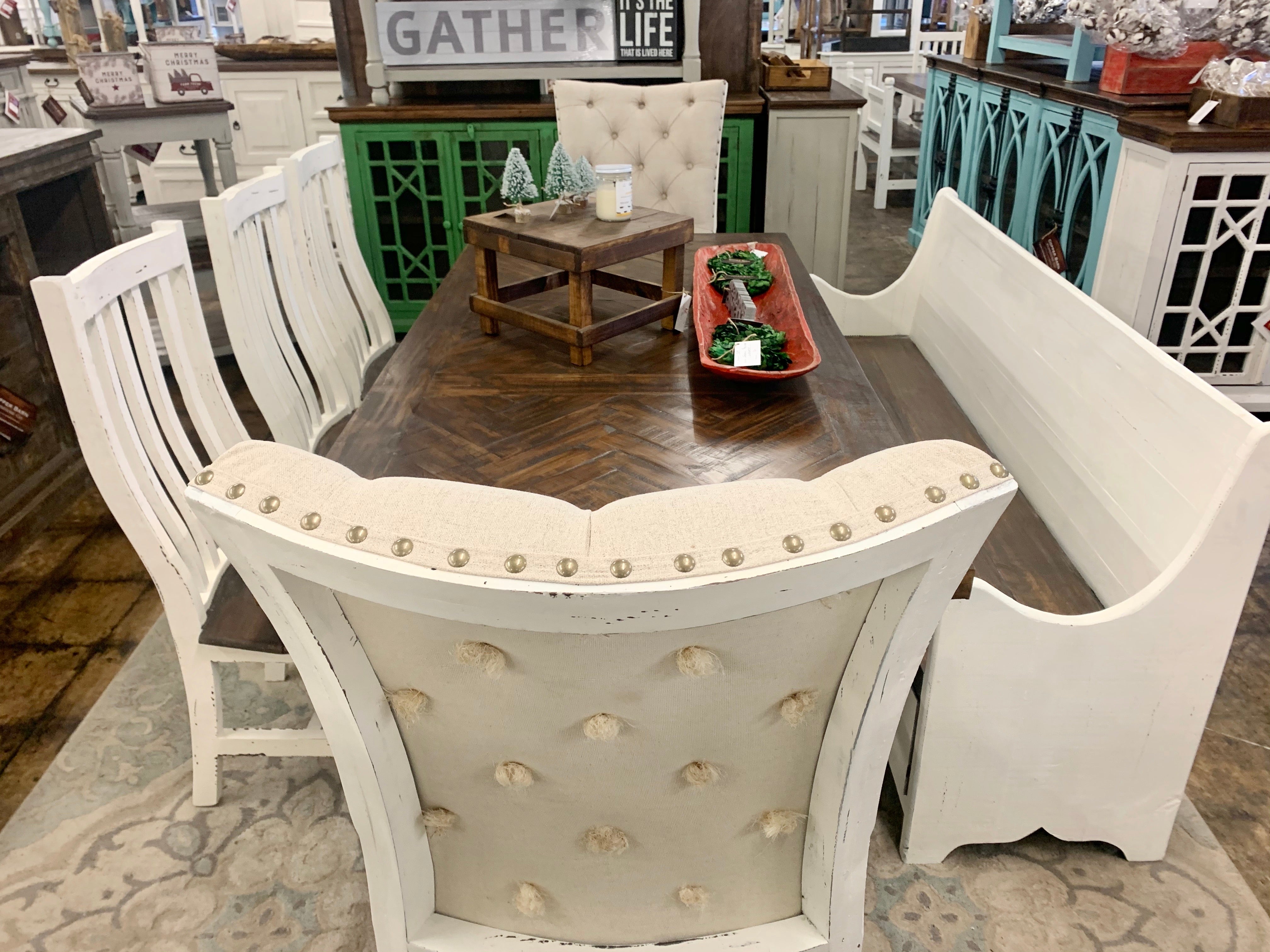 Nolan Herringbone White 7 piece Dining Table church pew Set Copper Barn Home