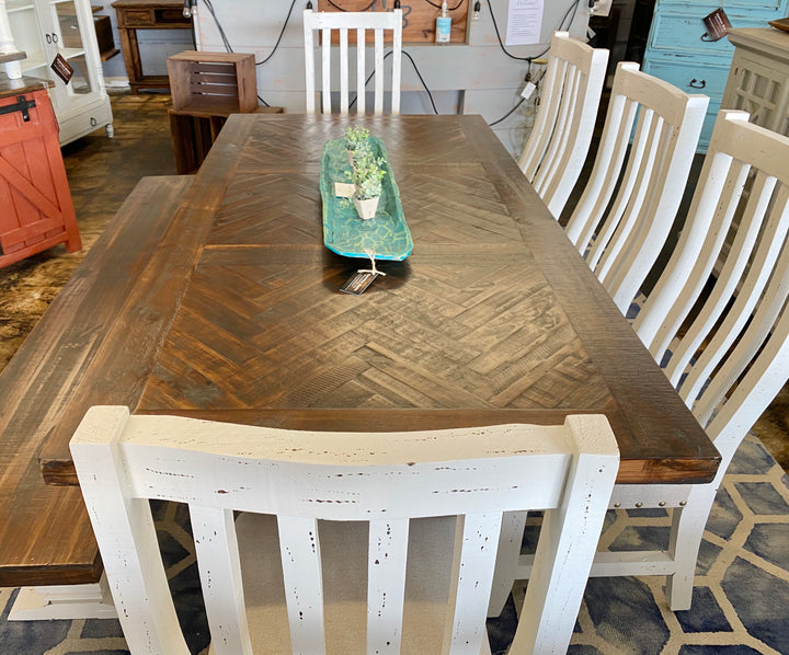 Herringbone White & Linen  7 piece Dining Table Set