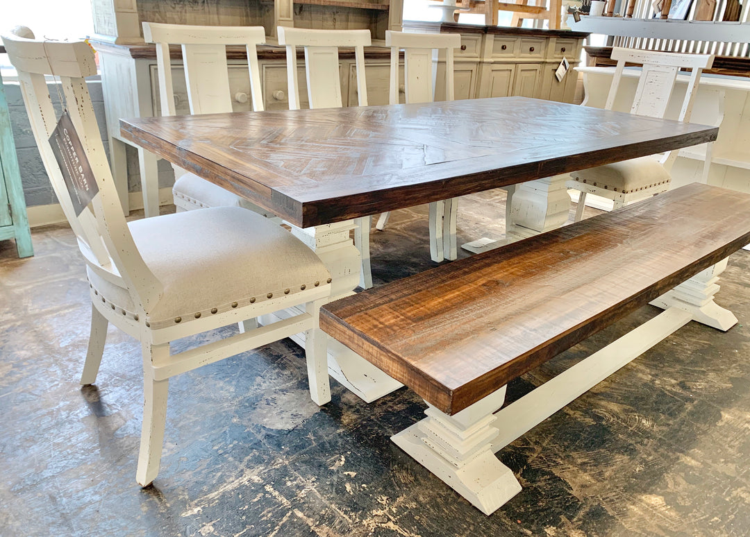 Rita Herringbone White & Linen 7 piece Dining Table Set