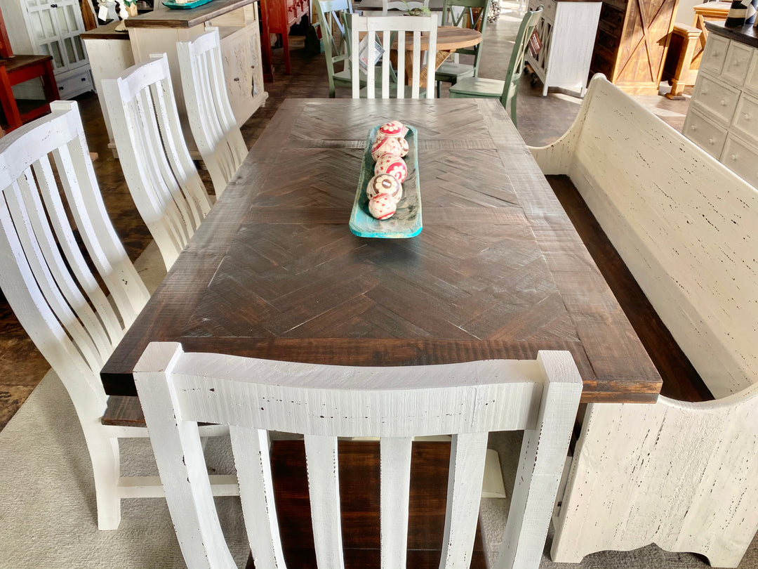 Nolan Herringbone White church pew 7 piece Dining Table Set