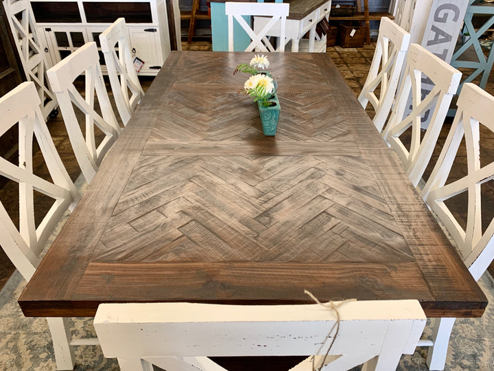 Nolan Herringbone White X Back 9 piece Dining Table Set