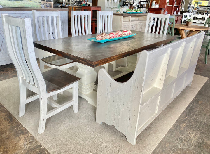 Nolan Herringbone White church pew 7 piece Dining Table Set