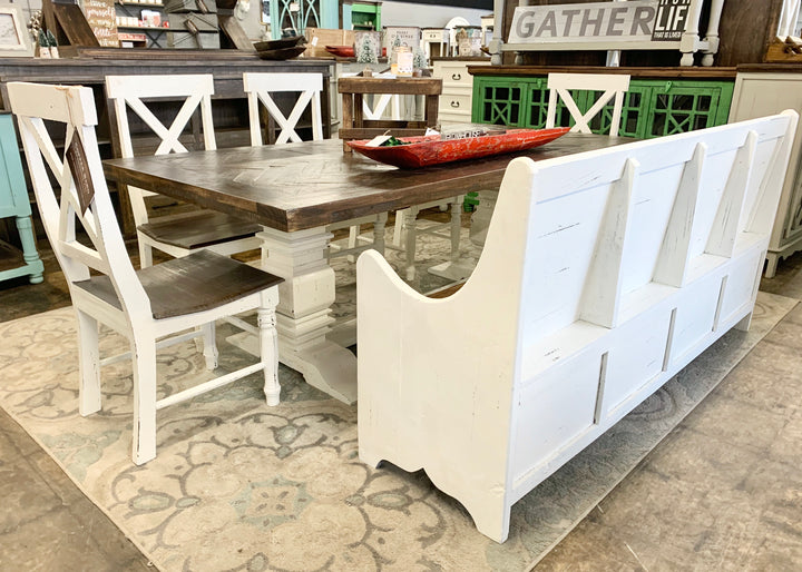 Nolan Herringbone White X back & church pew 7 piece Dining Table Set