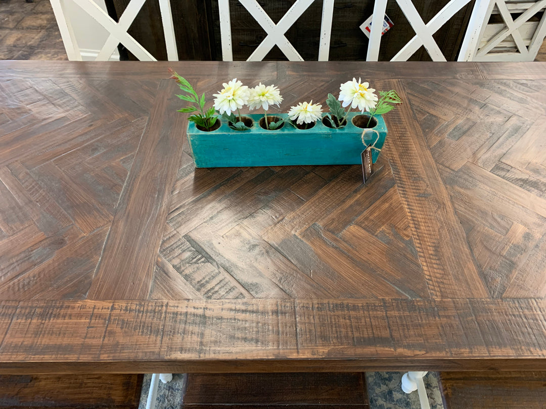 Nolan Herringbone White X Back 9 piece Dining Table Set