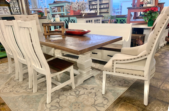 Nolan Herringbone White 7 piece Dining Table & church pew Set