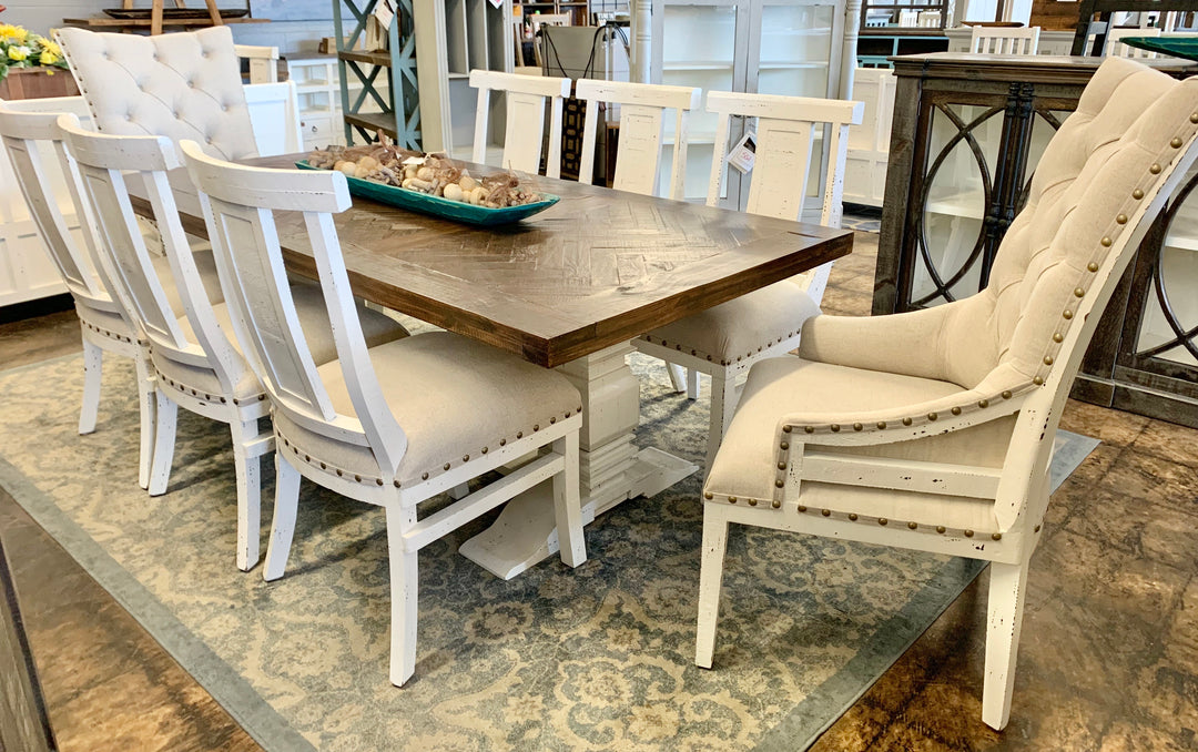 Rita Herringbone Deconstructed Linen 9 Piece Dining Table Set