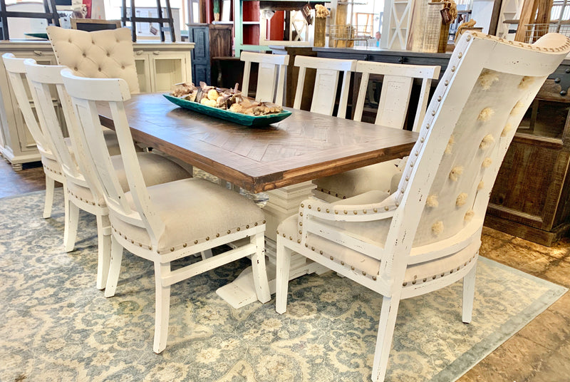 Rita Herringbone Deconstructed Linen 9 Piece Dining Table Set