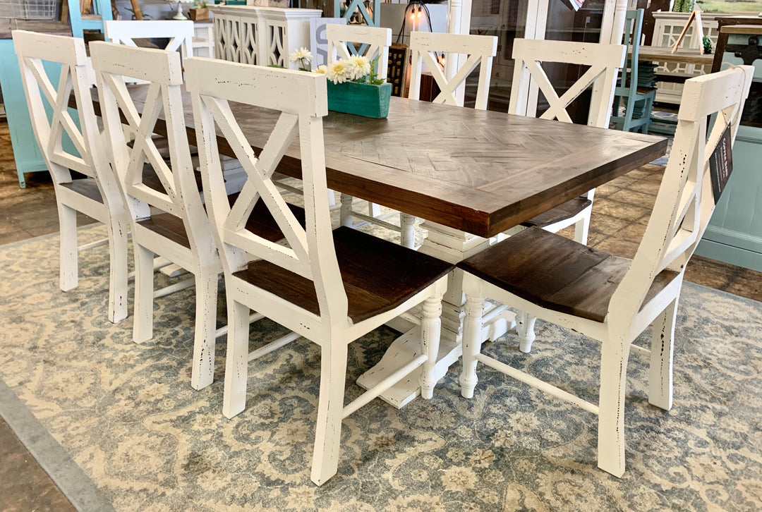 Nolan Herringbone White X Back 9 piece Dining Table Set