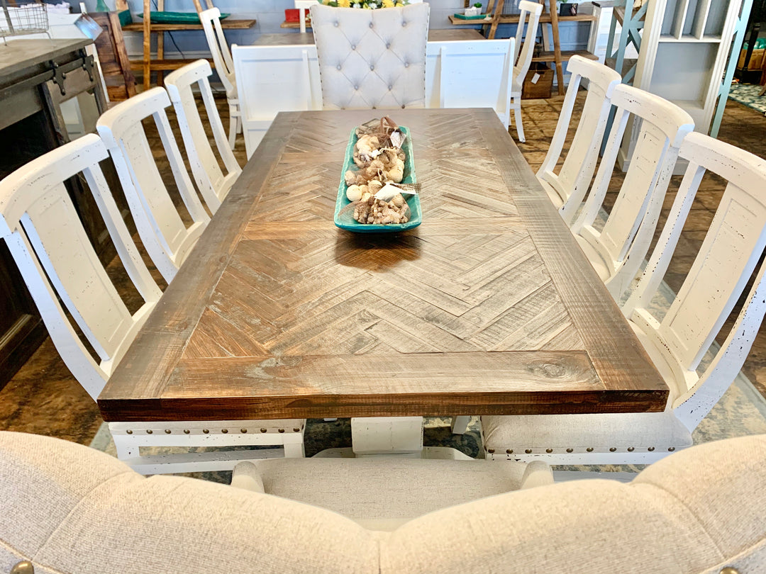 Rita Herringbone Deconstructed Linen 9 Piece Dining Table Set