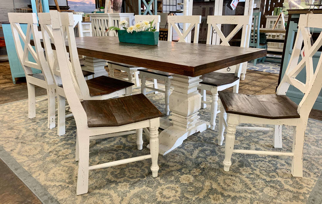 Nolan Herringbone White X Back 9 piece Dining Table Set