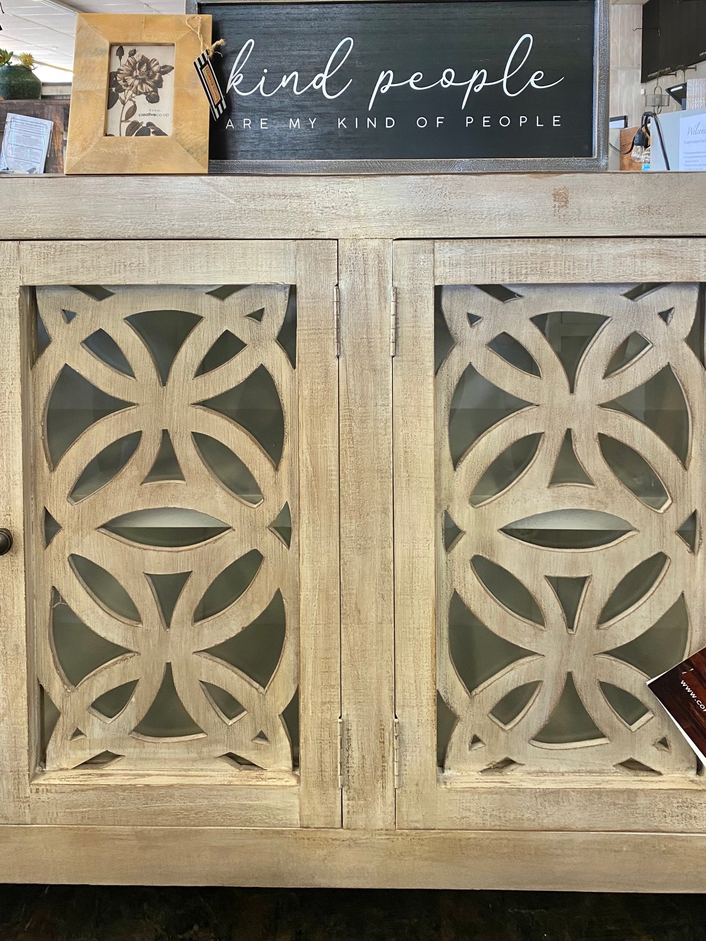 Olivia Glass Front Weathered Wood Cabinet