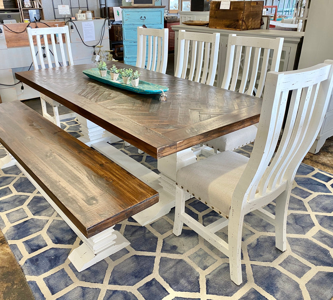 Herringbone White & Linen  7 piece Dining Table Set