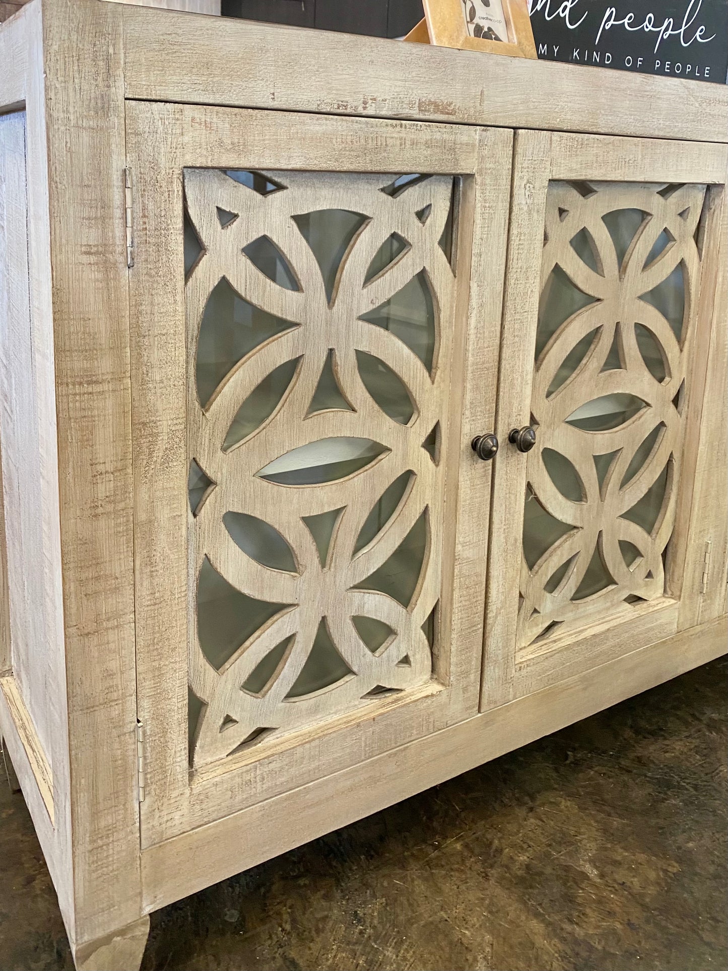 Olivia Glass Front Weathered Wood Cabinet