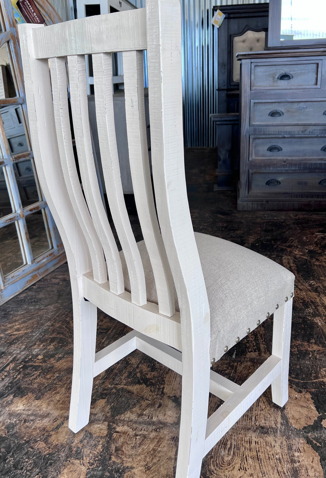 Slat Back White & Linen Dining Chair