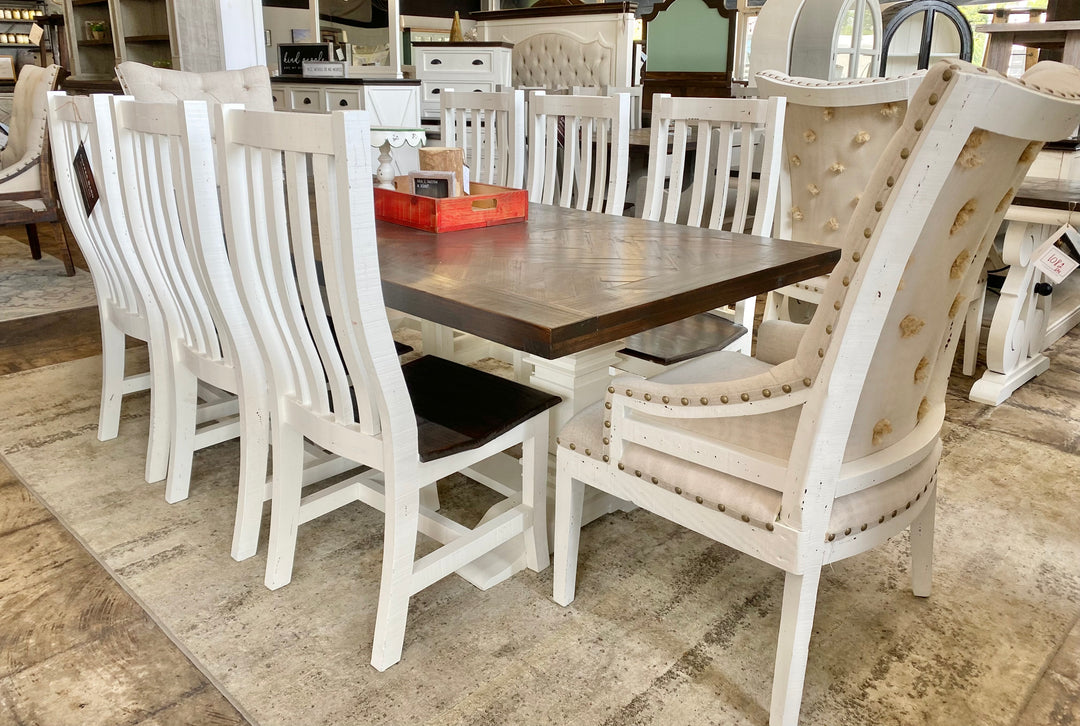 Nolan Herringbone White Deconstructed 9 piece Dining Table Set