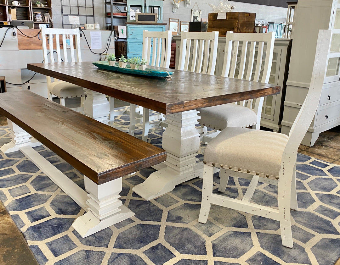 Herringbone White & Linen  7 piece Dining Table Set