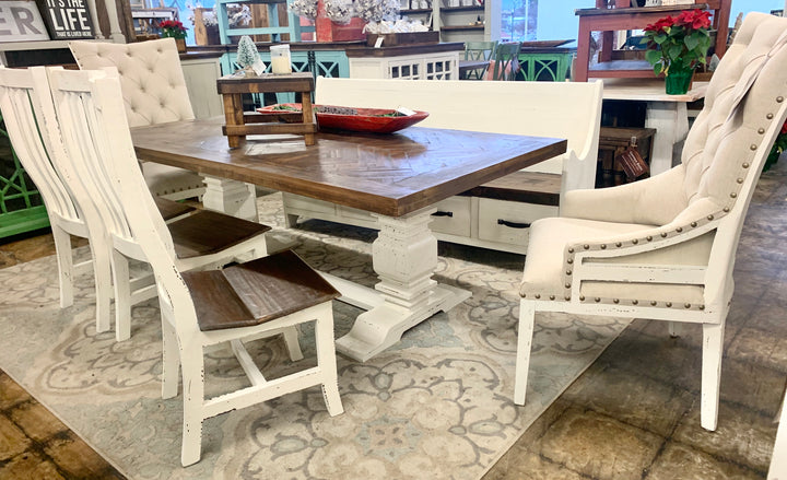 Nolan Herringbone White 7 piece Dining Table & church pew Set