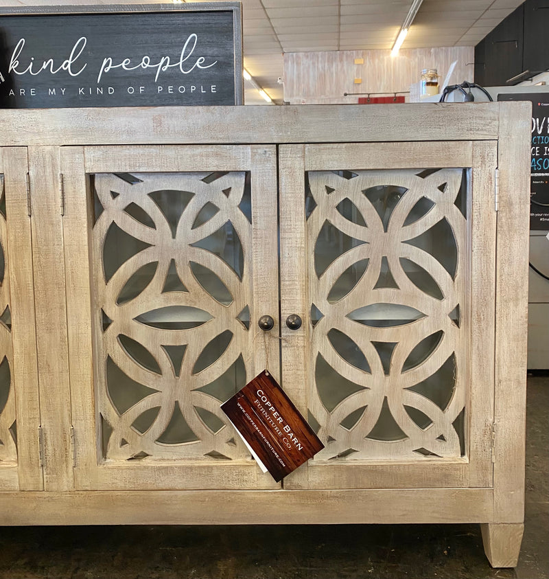 Olivia Glass Front Weathered Wood Cabinet