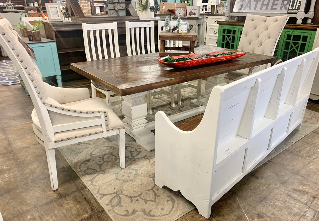 Nolan Herringbone White 7 piece Dining Table & church pew Set